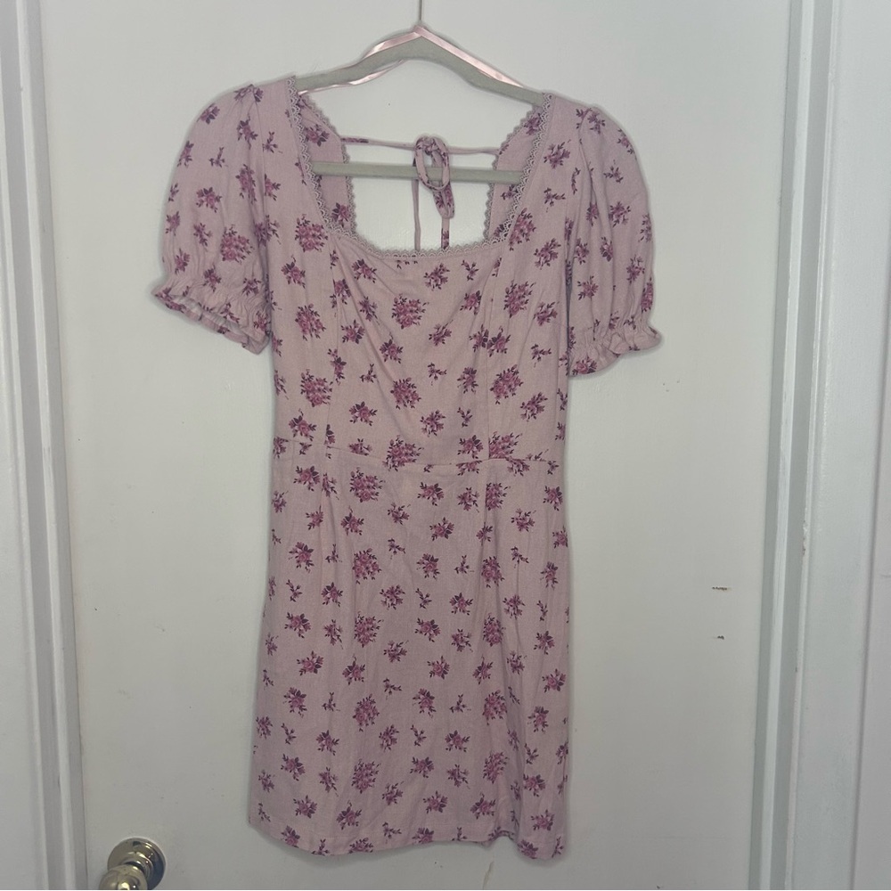 Monteau Los Angeles Pink Floral Puff Sleeve Linen Blend Mini Dress | Size M‎ NWT